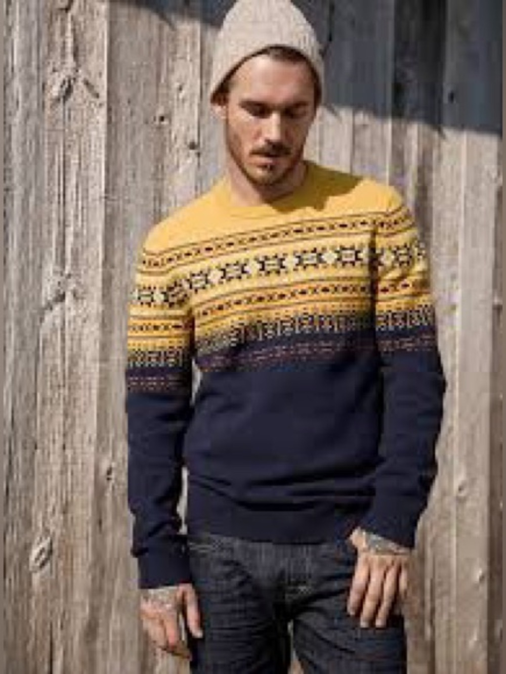 Simons Yellow and Navy Fair Isle Crewneck Sweater